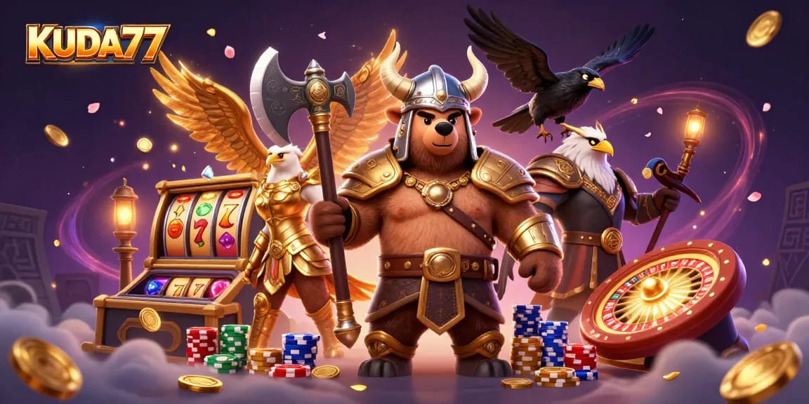 KUDA77 menampilkan karakter Viking dan simbol slot, mengundang pemain untuk menang di perjudian.