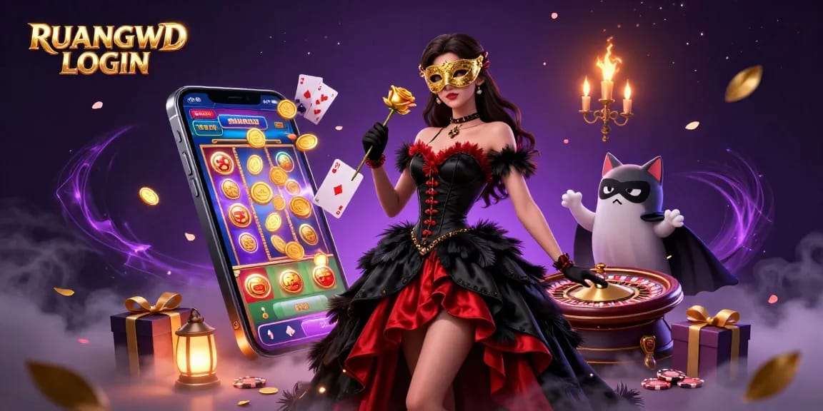 Engage with RUANGWD LOGIN through vibrant slot gaming excitement in a rich casino illustration.