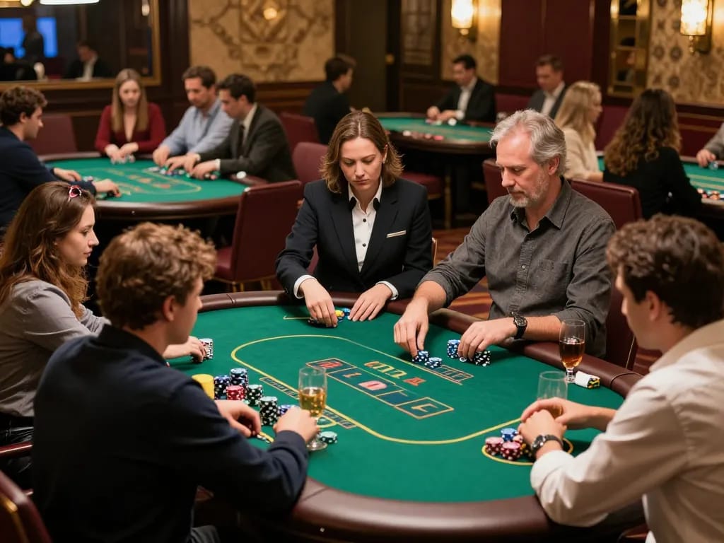 Players enjoying poker game emphasizing Quyền riêng tư in a vibrant casino atmosphere with engaging interactions