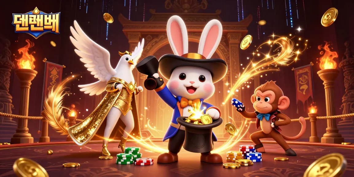 Experience 텐텐벳 excitement with a magician rabbit pulling coins, poker chips flying in a vibrant casino scene.