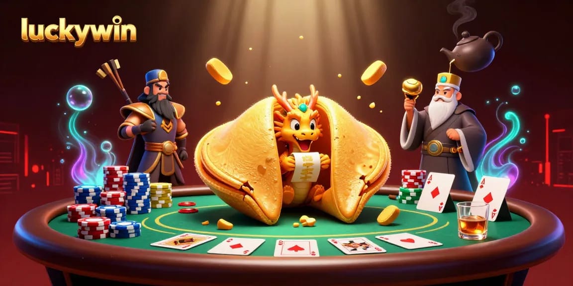 Engage with luckywin’s thrilling casino experience featuring a dragon guarding treasures and poker elements.