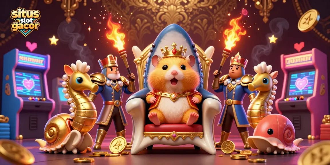 Situs slot gacor menghadirkan kemenangan dengan raja hamster emas dan pengawal kuda laut dalam ilustrasi mewah.