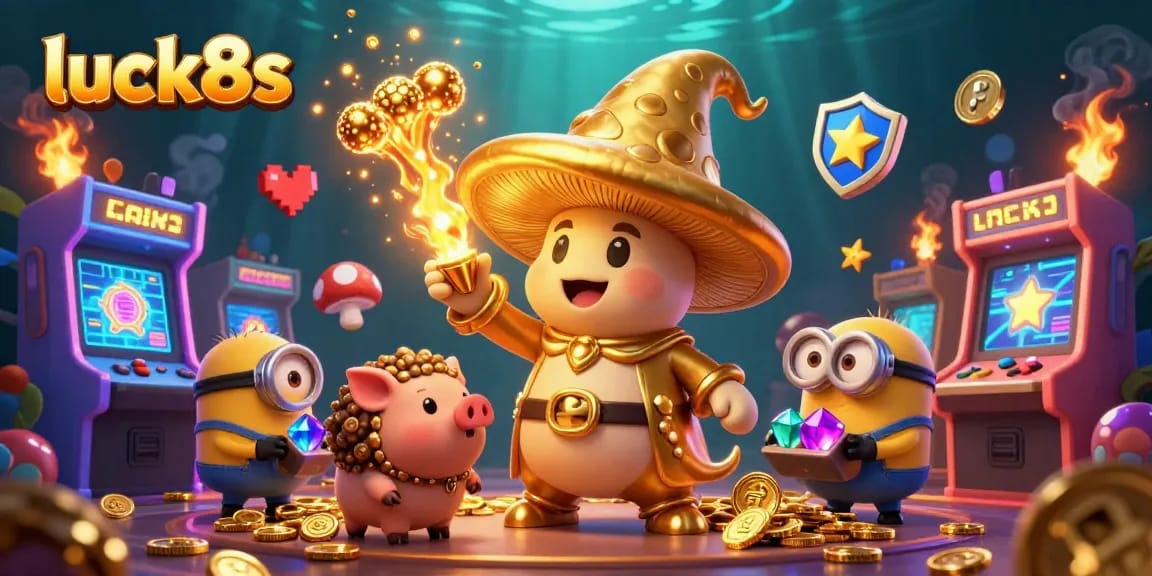 Experience the magic of luck8s as the golden mushroom wizard turns treasure to gold in a vibrant casino scene.
