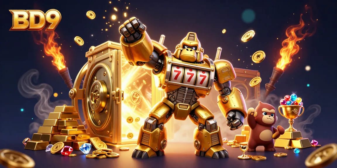 Experience the excitement of BD9 with a golden gorilla mech celebrating big wins surrounded by treasures and casino elements.