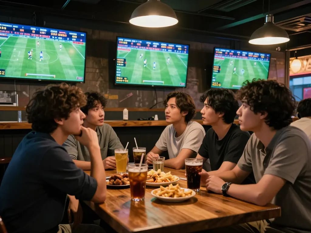 Intently analyzing kèo bóng đá trực tuyến while watching live matches at a vibrant sports bar with friends.