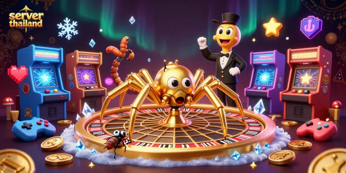 Engage with server thailand in this vibrant casino scene featuring a spider spinning a roulette wheel.
