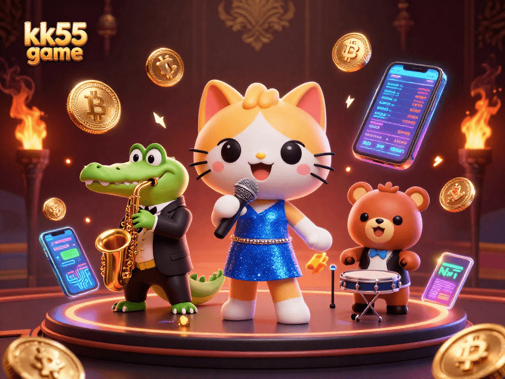 Experience thrilling moments in the kk55 game, where a jazz-singer cat performs on stage amidst vibrant casino elements.
