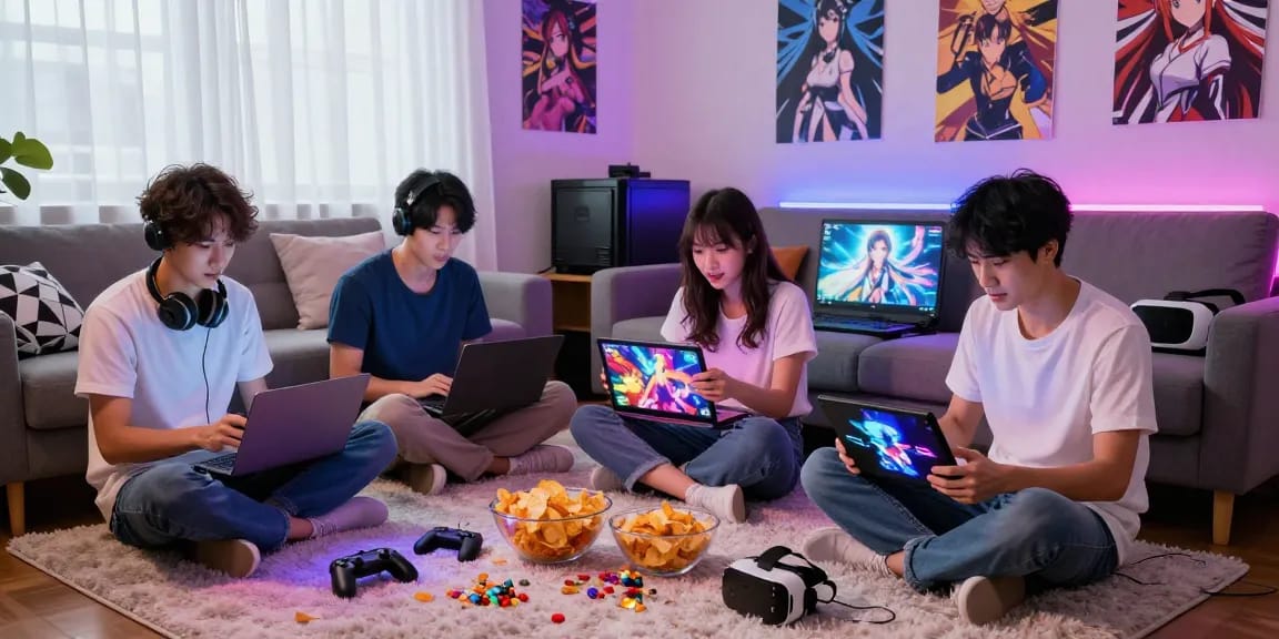 Gamers enjoying hentai games together in a colorful home setting.