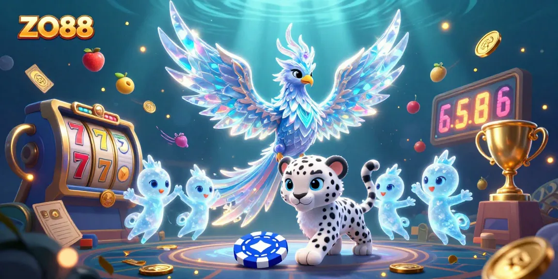 Experience ZO88's vibrant casino world with a dynamic illustration showcasing an ice phoenix and gaming elements.