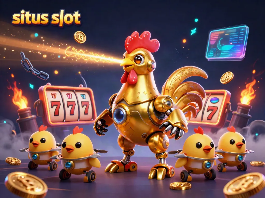 Menampilkan situs slot yang menarik dengan robot ayam dan simbol jackpot, menjamin pengalaman bermain yang seru.