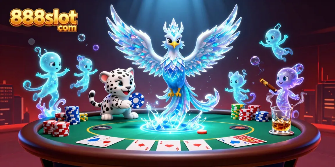 Engage with 888slot com's vibrant casino experience featuring an ice phoenix, poker elements, and magical sprites.