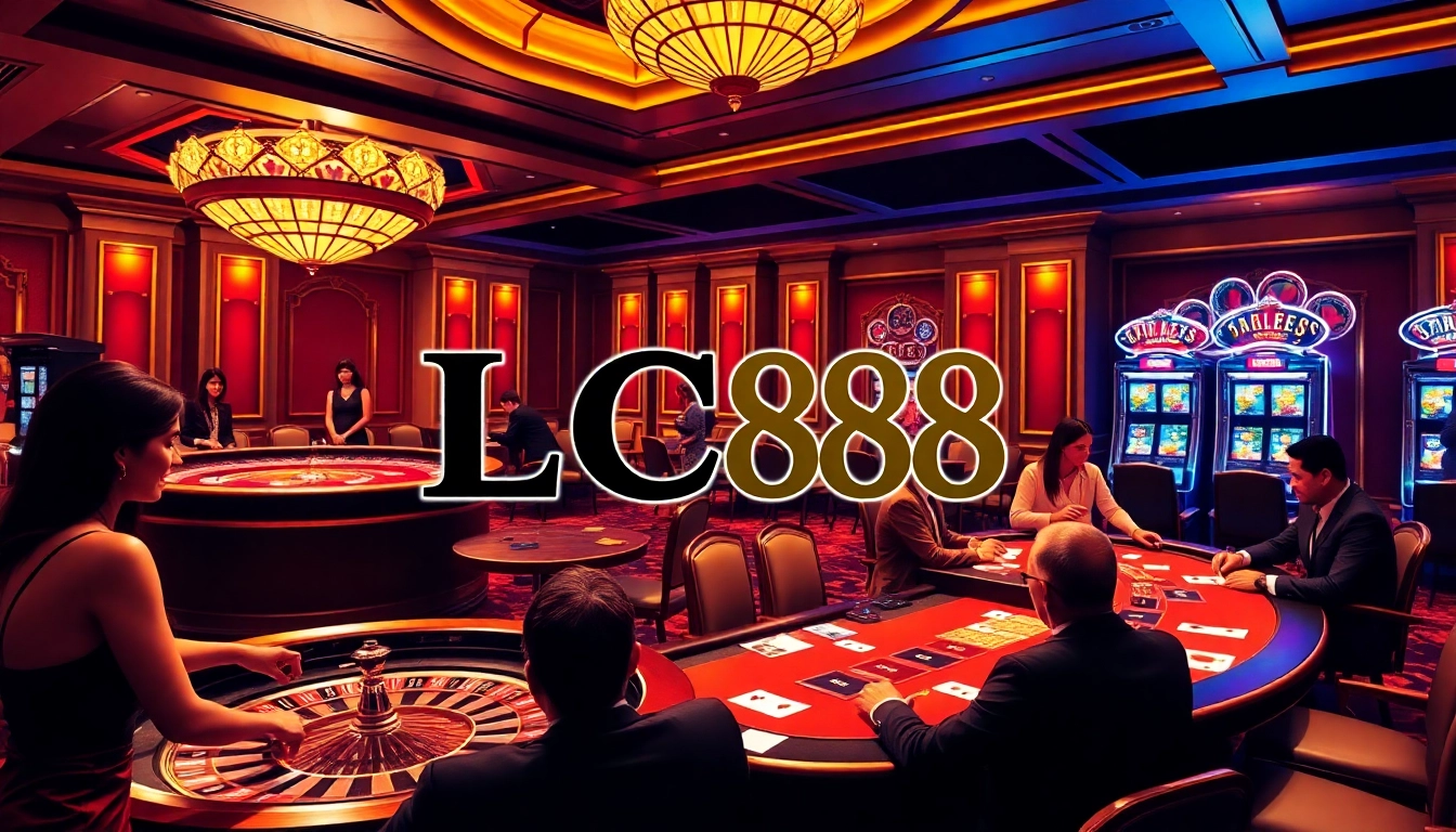 Players enjoy thrilling games at LC88, showcasing poker, roulette, and vibrant slot machines.