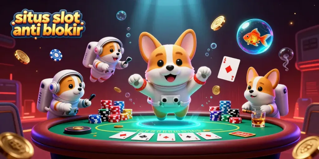 Melihat keseruan bermain di situs slot anti blokir dengan karakter kartun mengapung di kasino luar angkasa.