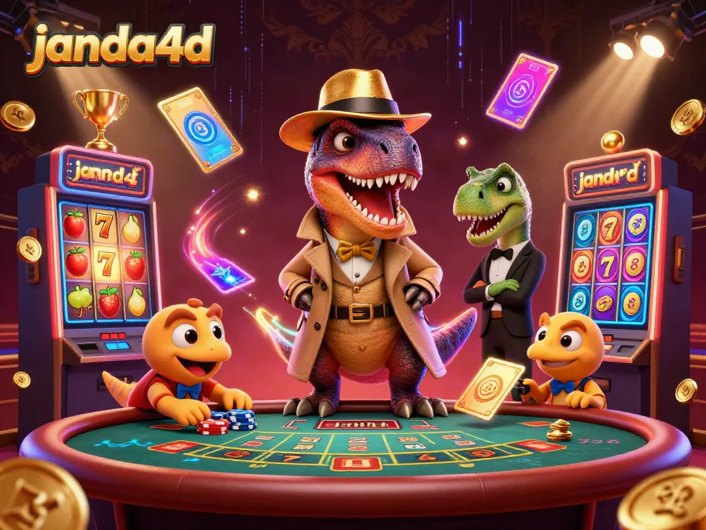 Gambarkan raptor dalam jas dan topi emas di meja blackjack, simbol slot, dan koin emas di sekitar janda4d.