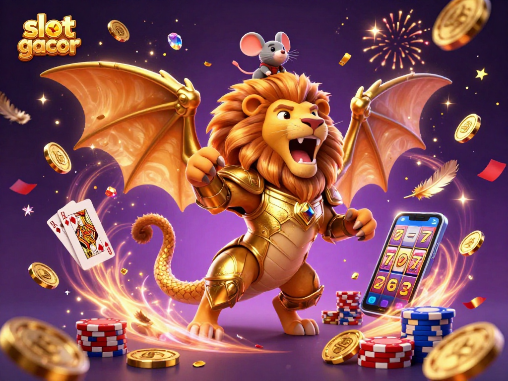 Experience the thrilling slot gacor world with a roaring chimera and a lucky mouse jockey amidst golden coins and jewels.