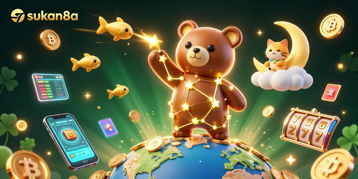 Sukan8a showcases a vibrant 3D cartoon scene with casino elements, featuring a constellation bear and floating crypto coins.