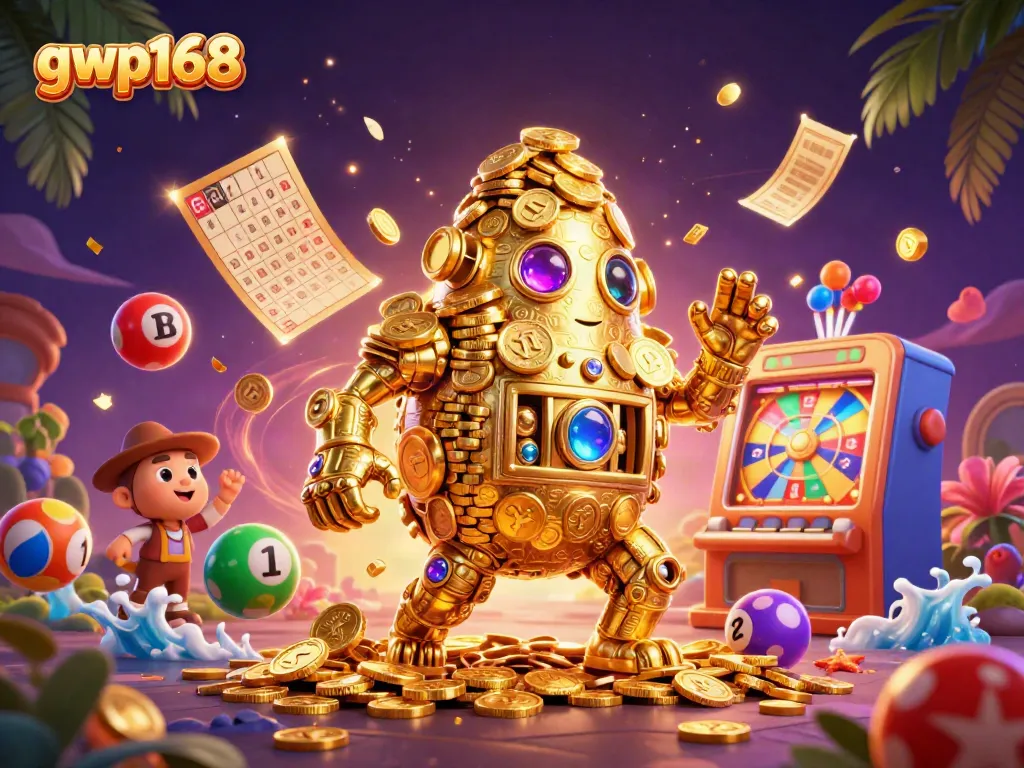 GWP168 menampilkan golem emas dan permainan lotere yang dikemas dalam ilustrasi yang dinamis.