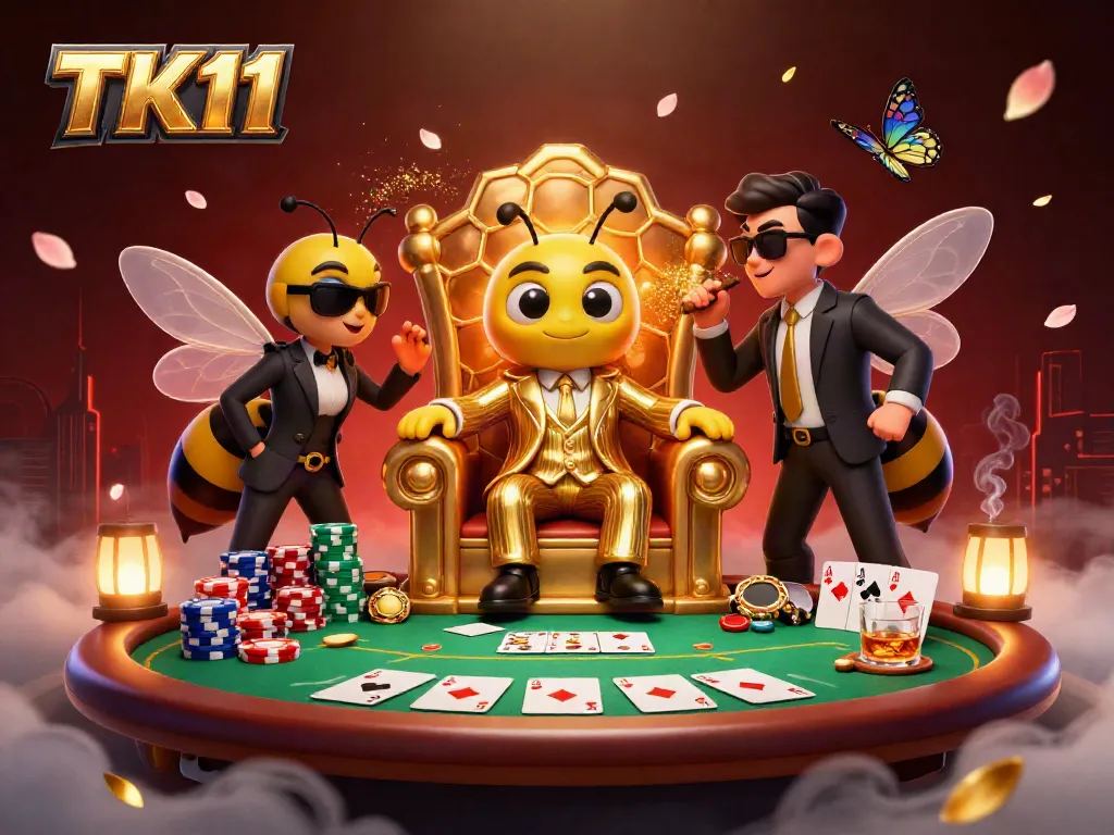 TK11-themed casino illustration featuring a cartoon mob boss and poker elements.