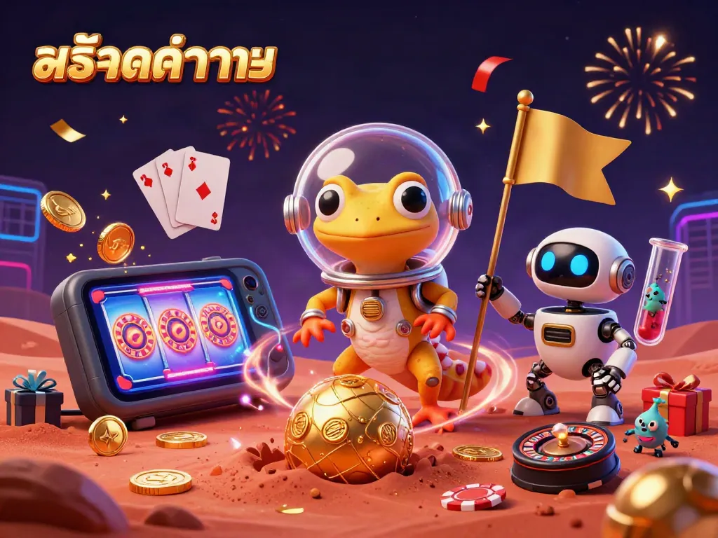 Experience สล็อตทดลอง thrills with a Martian gecko uncovering a golden casino in vibrant colors.
