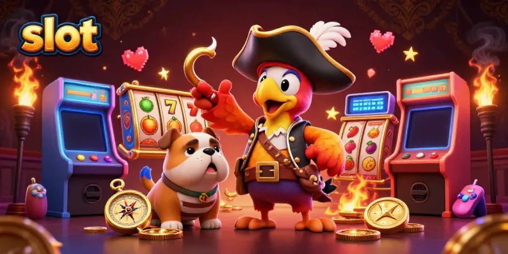 Permainan slot yang mengesankan dengan karakter bajak laut dan mesin permainan arcade yang berkilauan.