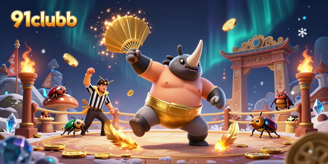 Experience action at 91clubb with a cartoon beetle champion in a golden arena.
