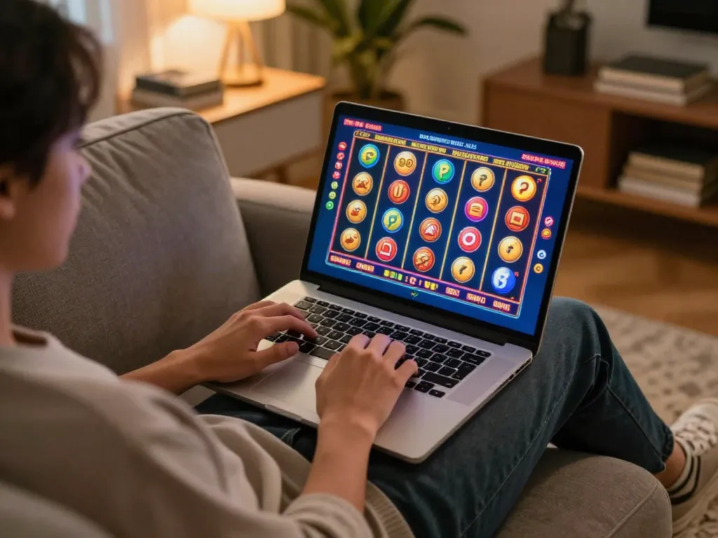 Player engaging with open 88 casino games on a laptop in a cozy home setting.