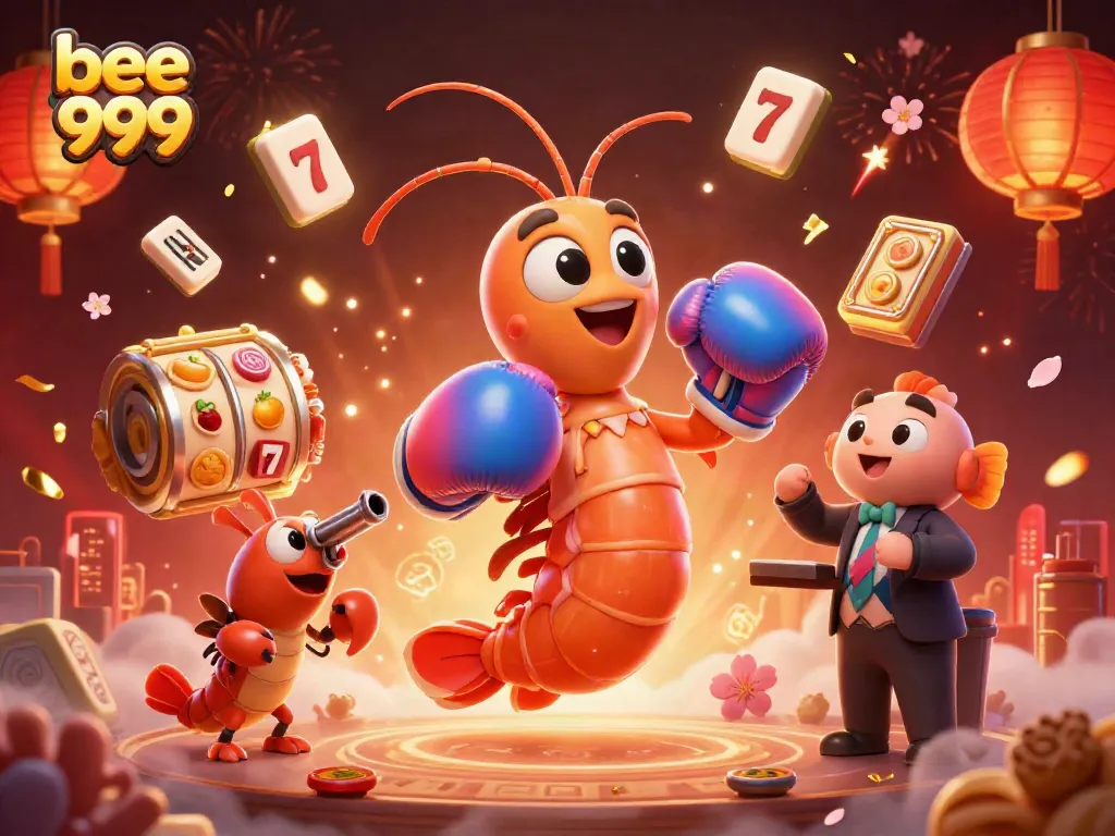 Experience the thrilling vibe of bee 999 with a dynamic 3D casino scene featuring vibrant characters and game elements.