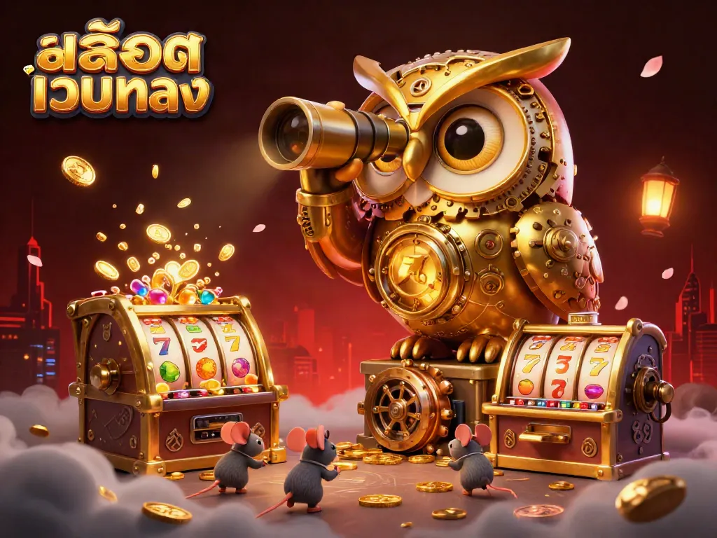 Engage with the dynamic สล็อตเว็บตรง experience showcasing a golden owl and mouse patrons amidst vibrant casino elements.
