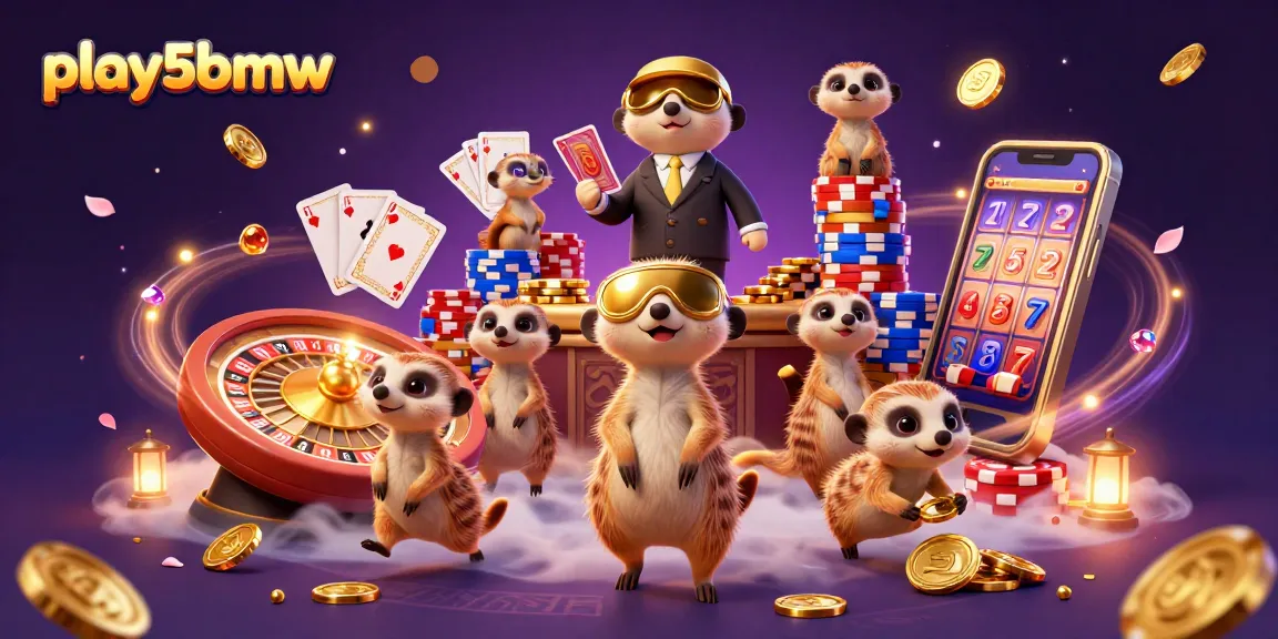 play5bmw showcases a vibrant casino scene with meerkats managing games, surrounded by colorful poker chips.