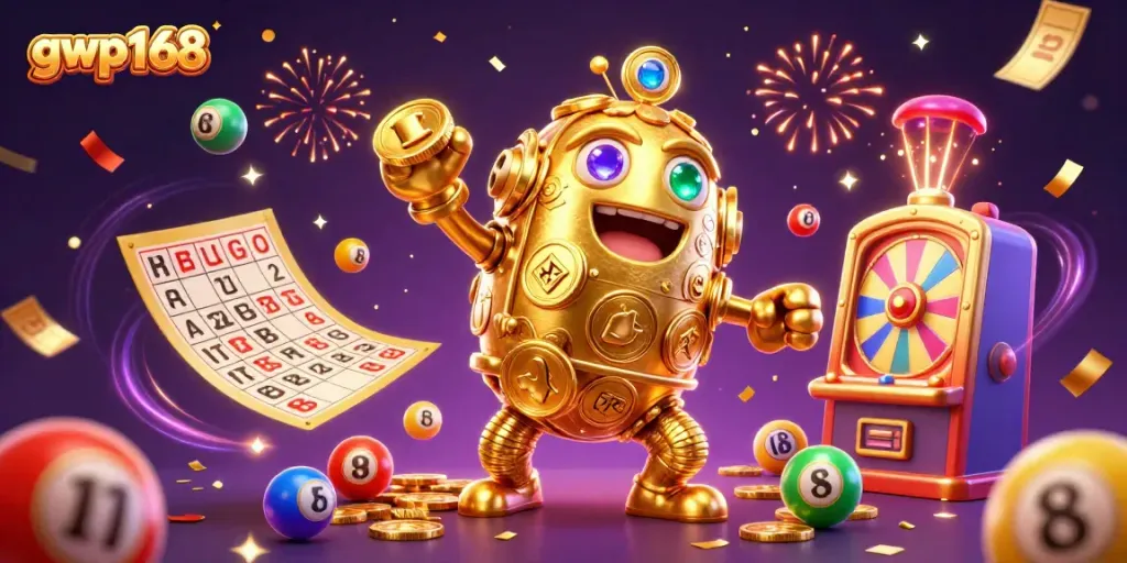 GWP168 menghadirkan pengalaman bermain slot gacor dengan golem emas dan bola lotere berwarna-warni.