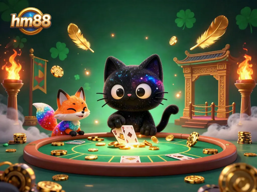Engage with the cosmic essence of hm88 as a black hole cat pulls in golden casino chips and cards!