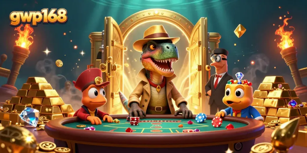GWP168 menampilkan dealer velociraptor yang mencurigakan di meja blackjack dengan suasana kasino yang glamor.