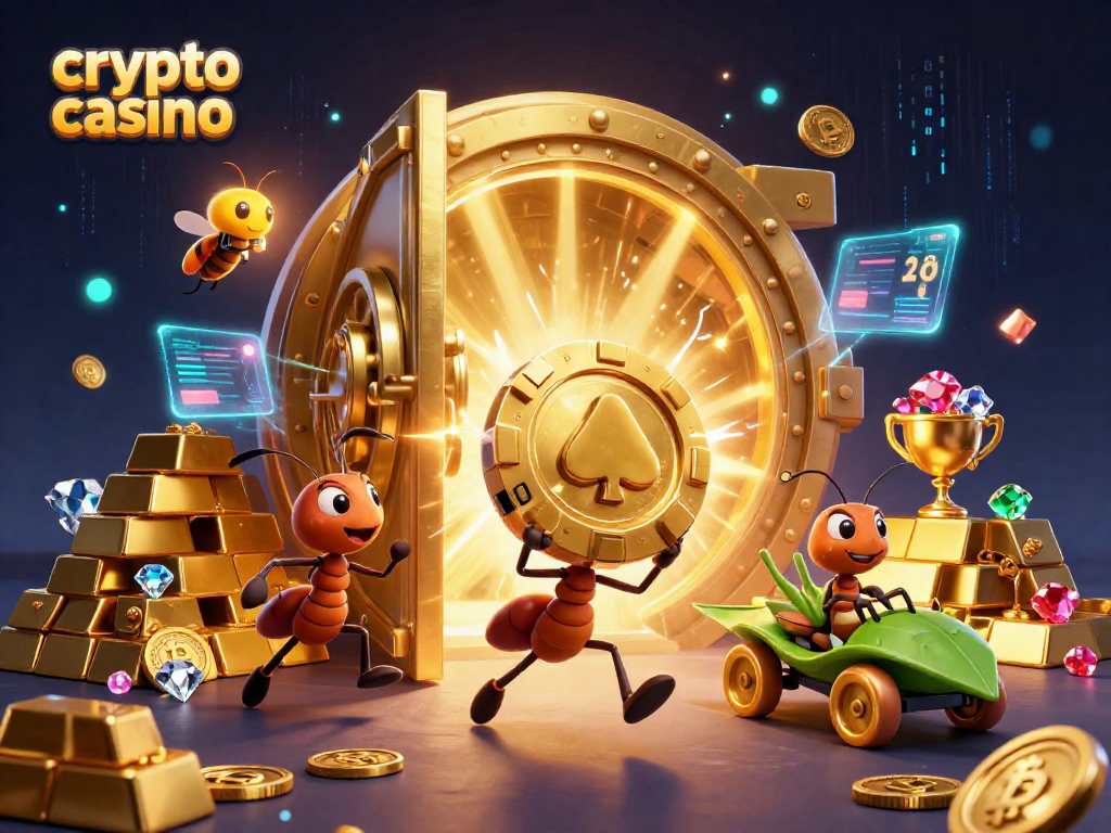 Engaging scene of a crypto casino heist featuring ants carrying a giant poker chip.