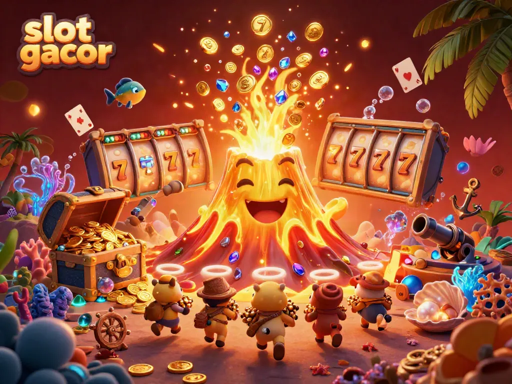 Permainan slot gacor dengan karakter gunung berapi emas dan hewan penjelajah, dipenuhi peti harta karun dan simbol jackpot.
