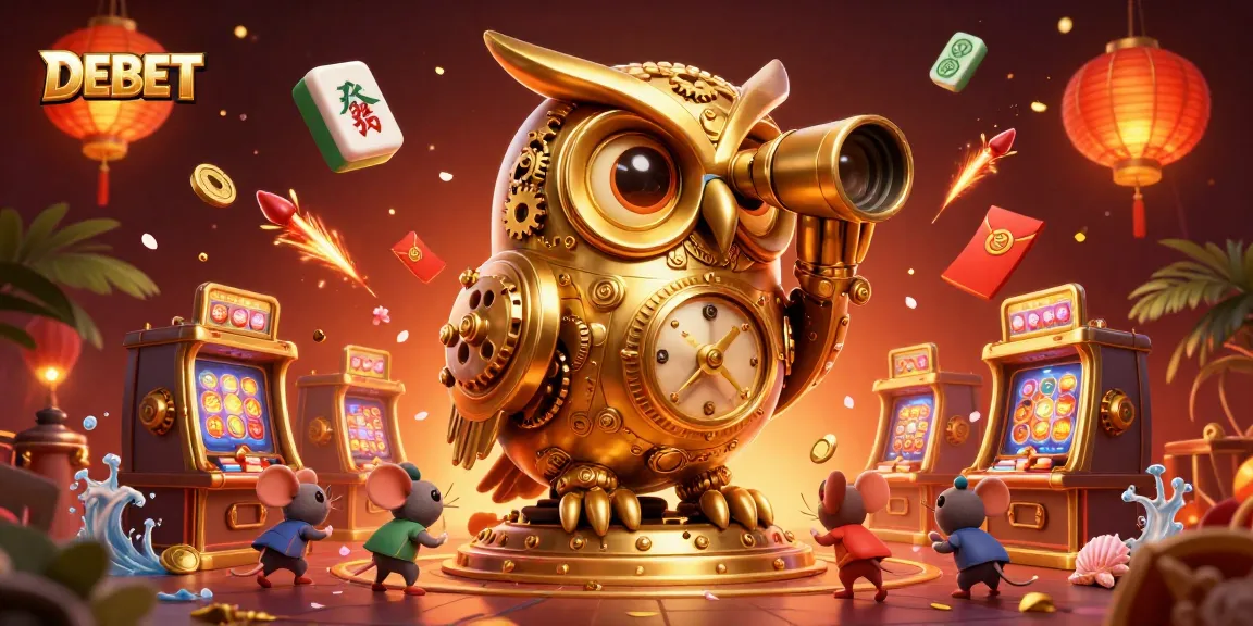 Engage with DEBET in a vibrant casino scene featuring a golden owl and dynamic game elements.