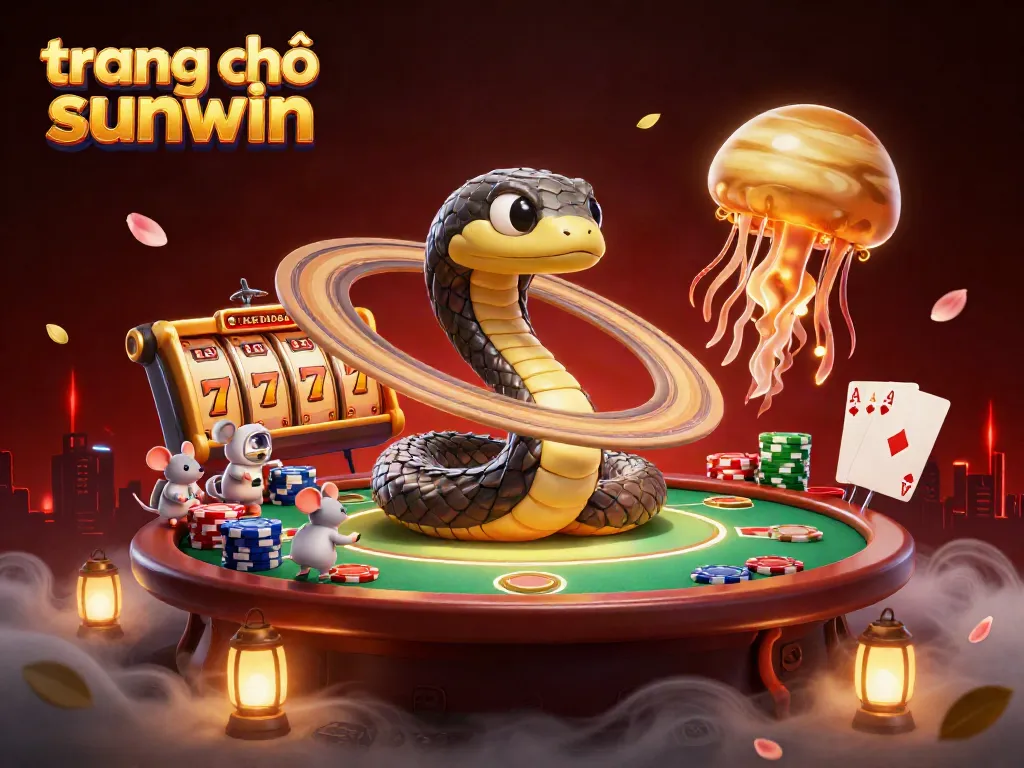 Engaging gambling scene with "trang chủ sunwin" as the Saturn ring snake bets in a cosmic casino environment.
