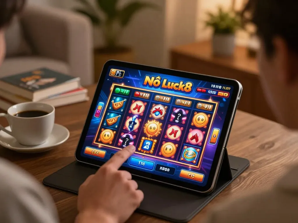 Nổ hũ Luck8 gameplay on tablet in a cozy home setting with vibrant graphics.