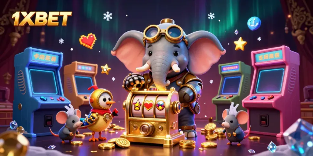 Experience thrilling wins at 1XBET with cartoon characters and vibrant casino elements in this detailed illustration.