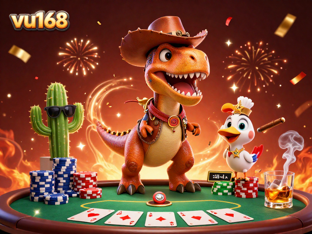 Engage with the vibrant world of vu168 as a T-Rex cowboy and friends bet at a lively poker table.