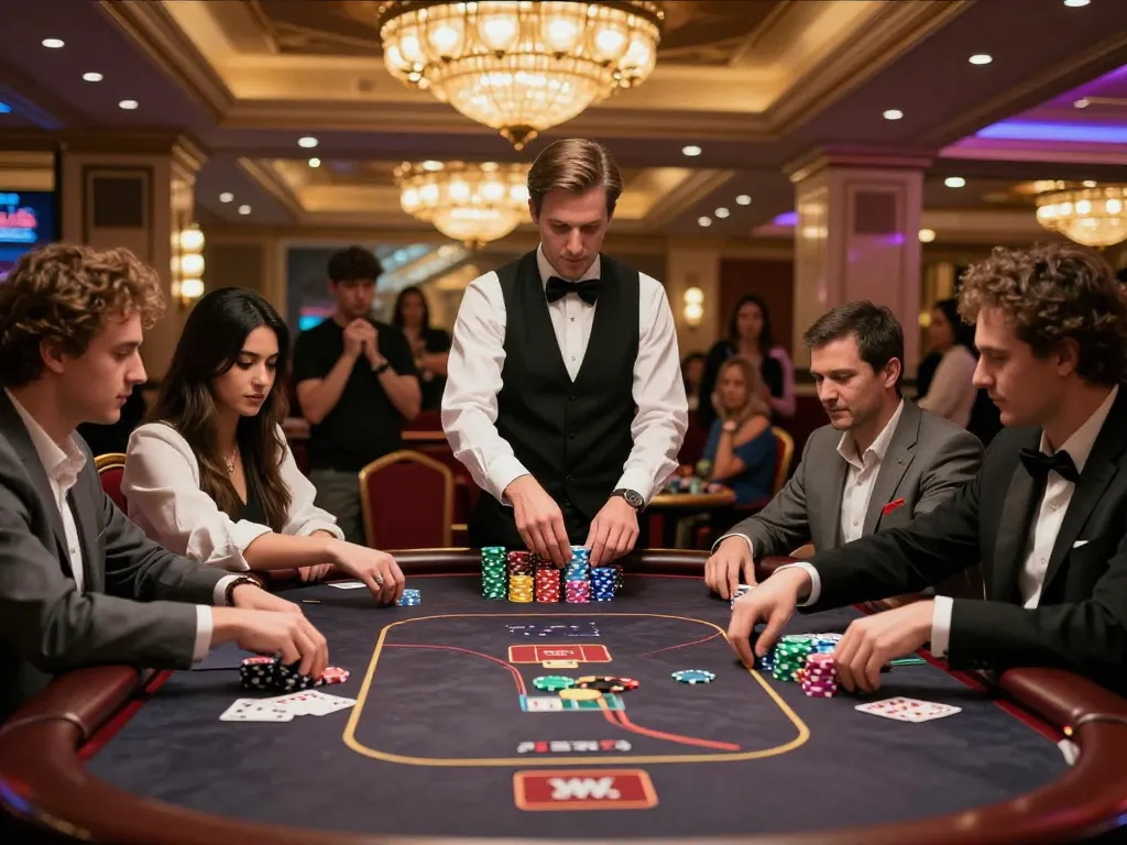 Engaging poker players strategizing their bets while enjoying ดูหนัง highlights at a luxurious casino