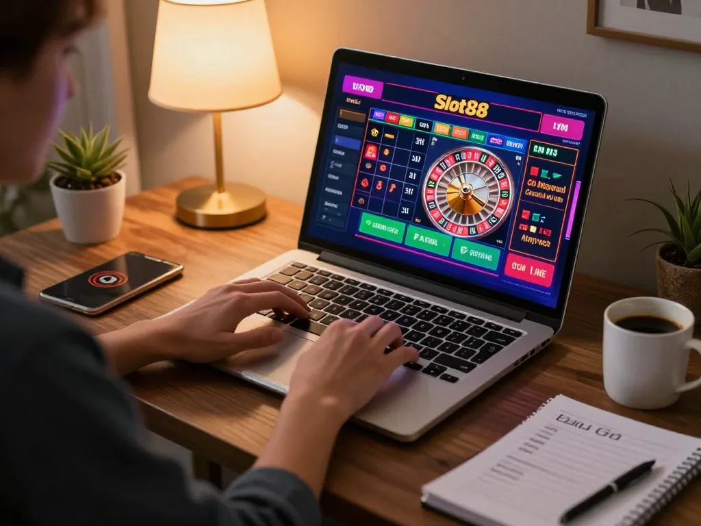 Engaging with Slot88 roulette game in a cozy home office setup, showcasing an online gaming experience
