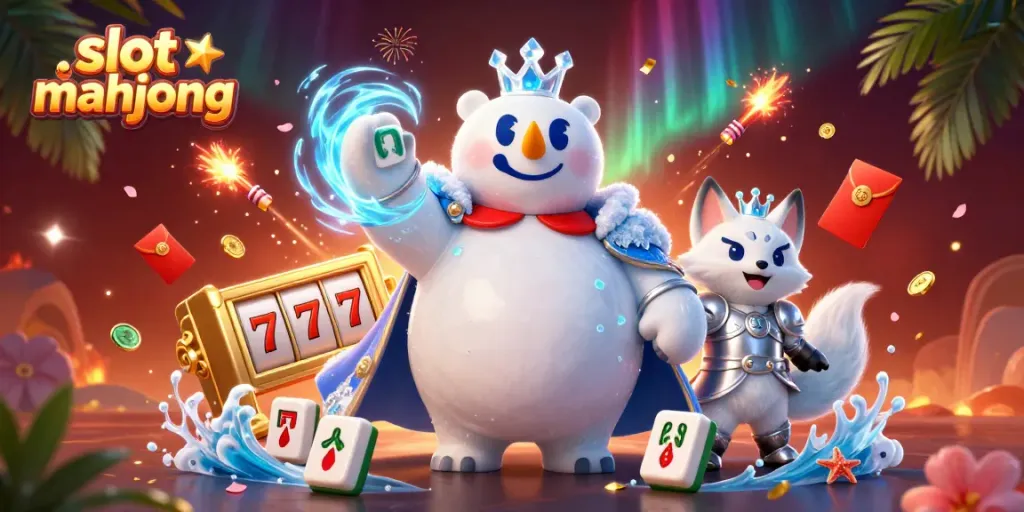 Engage with slot mahjong in this dynamic 3D scene of a king polar bear and snow fox.
