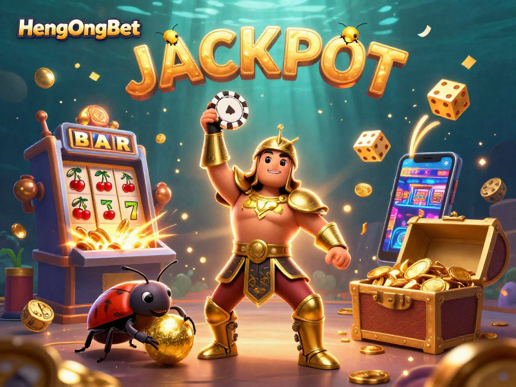 Engage with HengOngBet's exciting jackpot scene featuring a victorious beetle and dazzling casino elements.