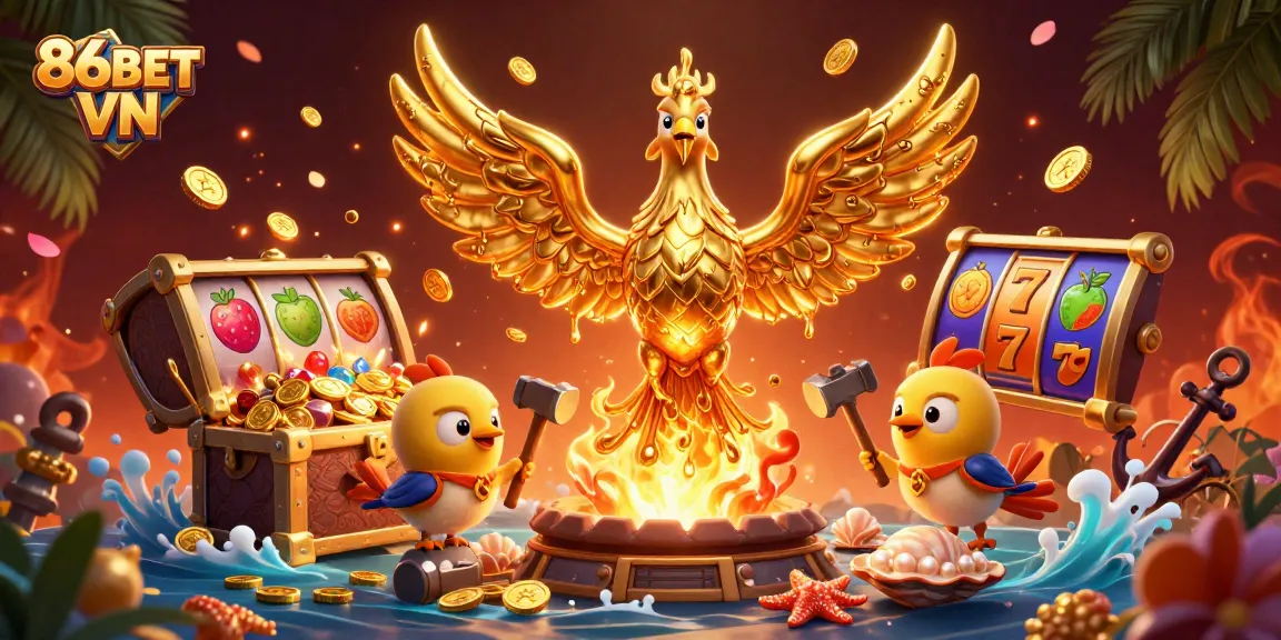 Experience the thrill of 86BET VN with gold coins, a majestic phoenix, and vibrant slot elements.