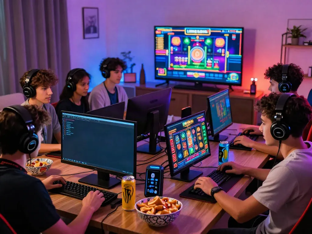 Group enjoying an online gaming night with akunjp theme, vibrant slot games, and energetic atmosphere.