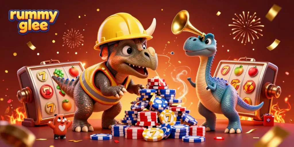 Rummy Glee, sambut kegembiraan bermain slot dengan karakter unik dalam suasana kasino yang meriah.