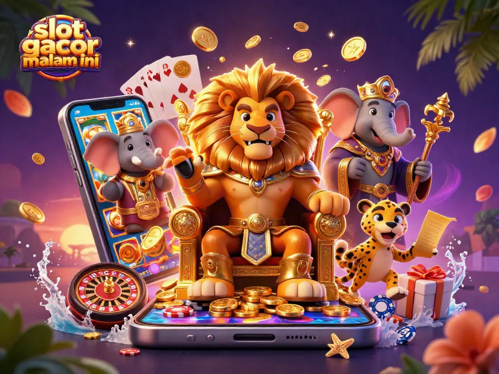 Slot gacor malam ini memukau dengan raja singa di singgasana, permainan slot dan hadiah berkilau.