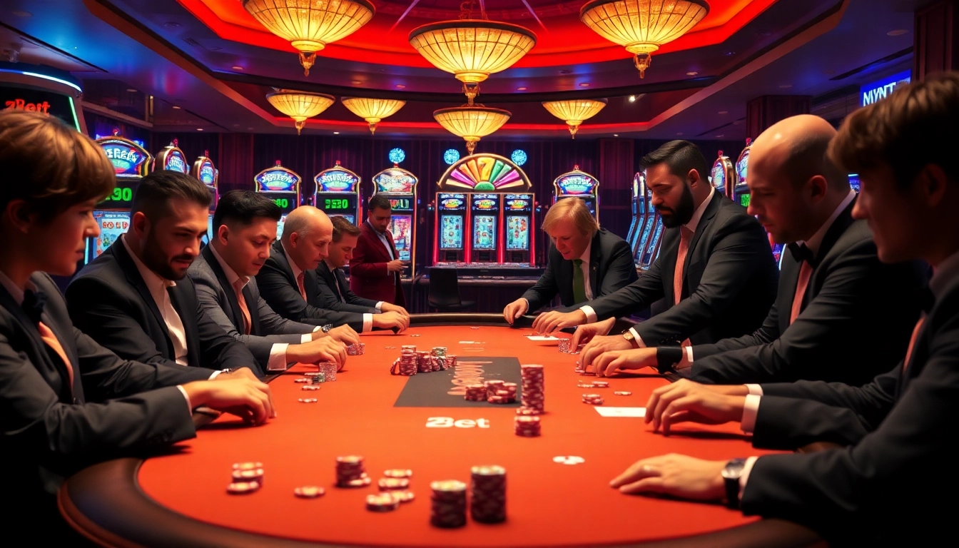Zbet gaming action at a poker table with excited players, vibrant chips, and a professional dealer.