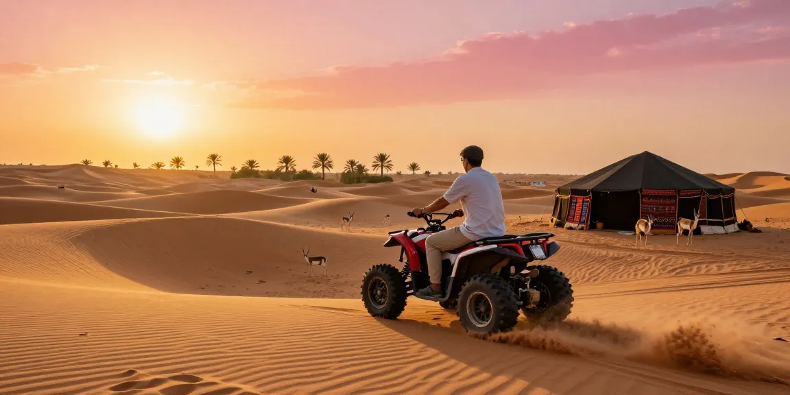 Adventure seeker enjoying a desert safari with vibrant sunset and sandy dunes, showcasing the excitement of exploring slot experiences.