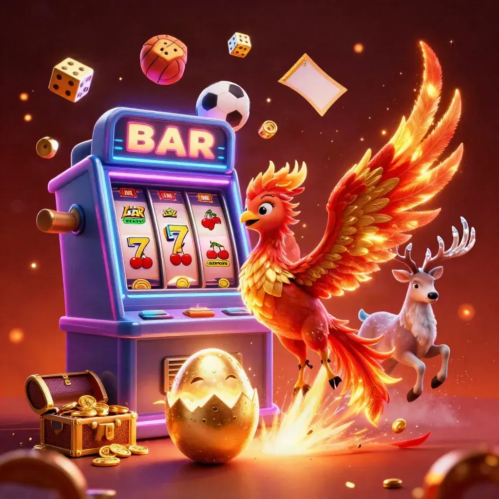 Phoenix, stag, slot machine and sports balls burst through ember-lit crimson casino glow.